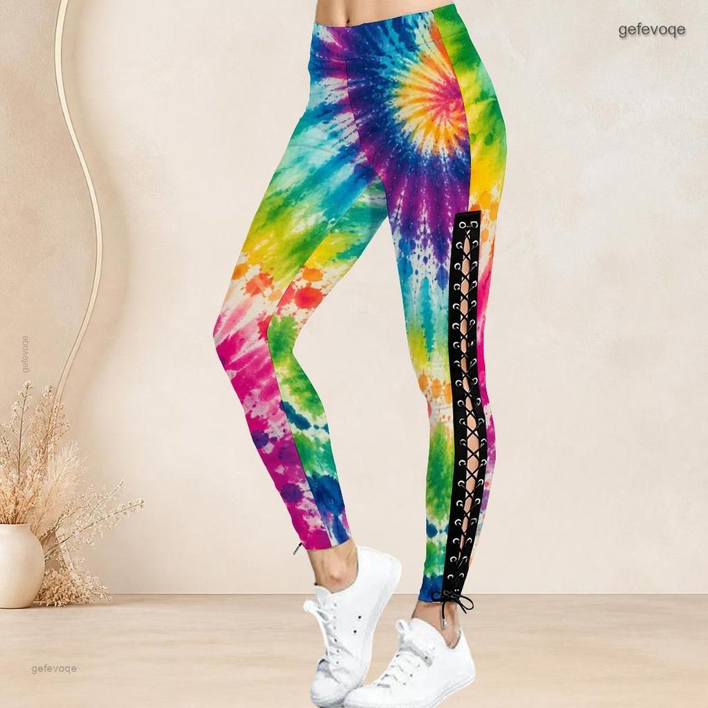 Women Plus Size High Waist Tie Dye Printed Side Eyelet Lace Up Fitted Full Length Leggings