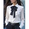 Women Autumn Blouses and Shirts Solid Color Long Sleeve Bow Decoration Casual Business Workwear Shirts Tops