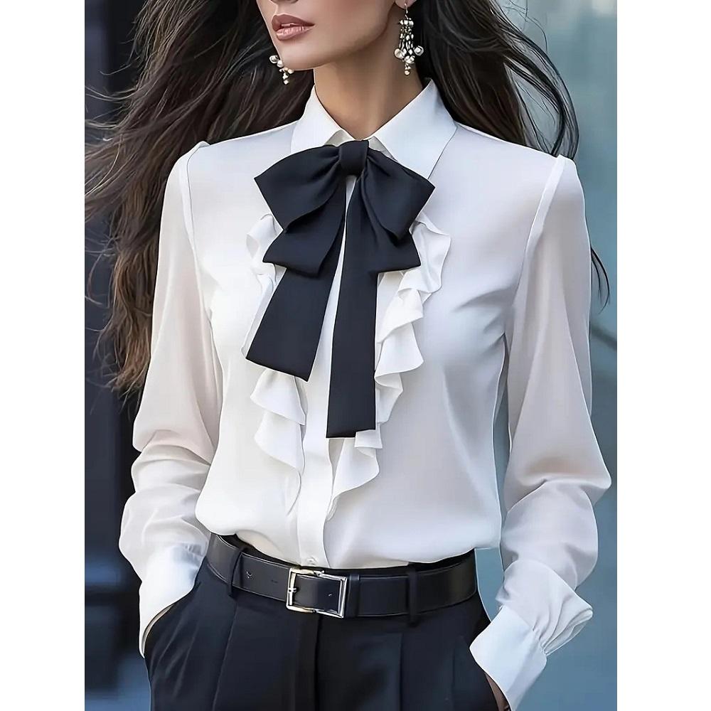 Women Autumn Blouses and Shirts Solid Color Long Sleeve Bow Decoration Casual Business Workwear Shirts Tops