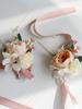 4 Pcs Artificial Bridesmaid Wrist Flowers Peony Wrist Corsage Boutonniere Set Corsage Wristlet Artificial Peony Wrist Flowers for Bride Prom Wedding
