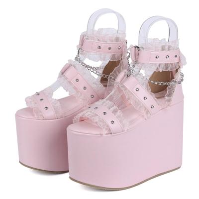 Босоножки на платформе Love Hunter с 13-сантиметровым чокером с оборками и цепочкой, розовый полиуретан, размер 1633, женские каблуки, ремень, ремень, (LL),
