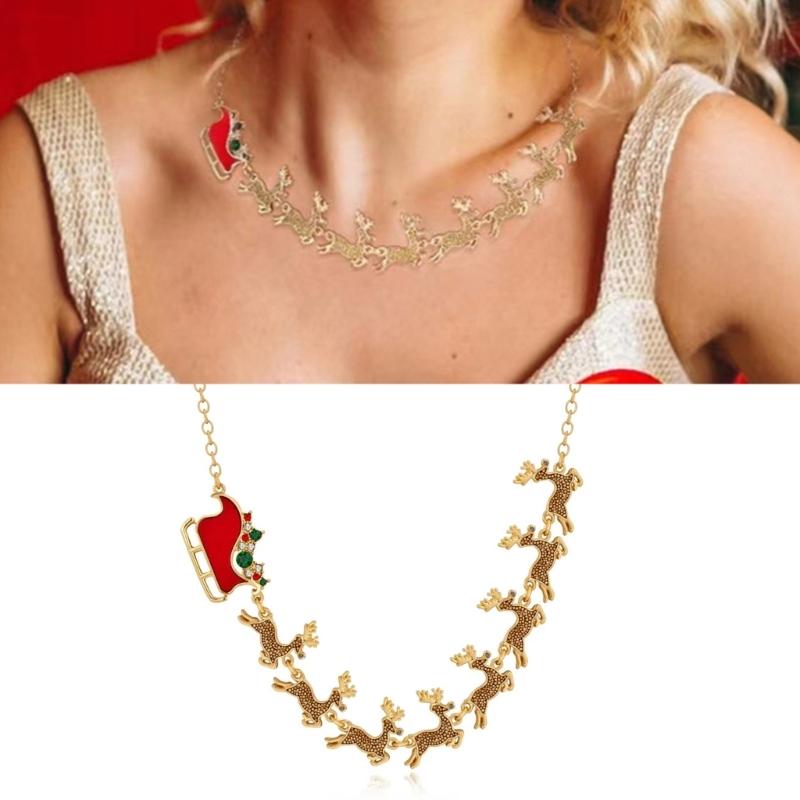 Праздничное ожерелье с оленем, ручная работа, цепочка-чокер, регулируемая, подвеска в виде саней и лося, аксессуар-цепочка для рождественских вечеринок
