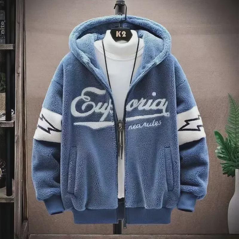 Мужская модная толстовка с капюшоном из овечьей шерсти - зимняя, свободного кроя, для учеников старших классов
