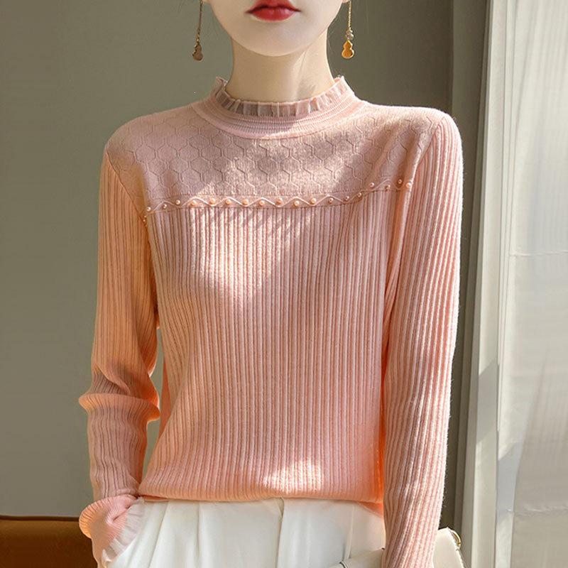 Autumn/Winter Women's Solid Color Half-High Collar Knit Sweater with Lace Trim