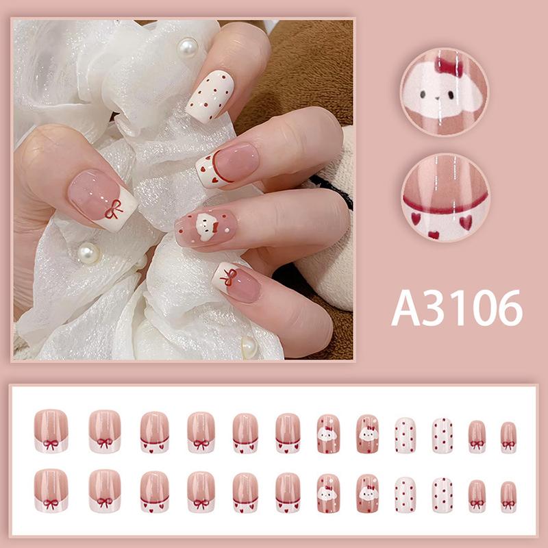 24Pcs Cute Cartoon French Heart Dot Red Butterfly Dog Short Square False Nails With Jelly Adhesive Detachable Fake Fingernails