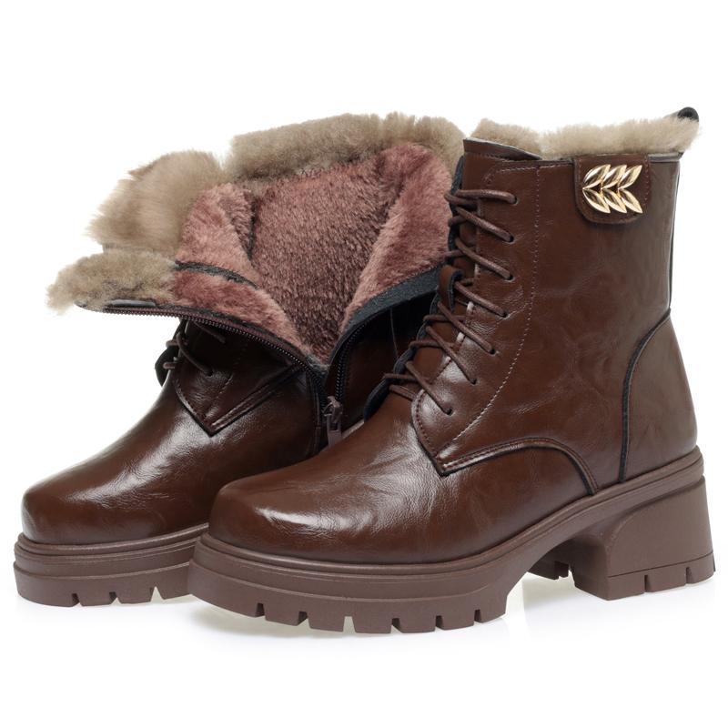 2025 Новые Высококачественные Женские Ботильоны из Натуральной Кожи с Плюшем Зимние Теплые Шерстяные Женские Сапоги на Высоком Каблуке Снежные Сапоги Botas Para Mujer