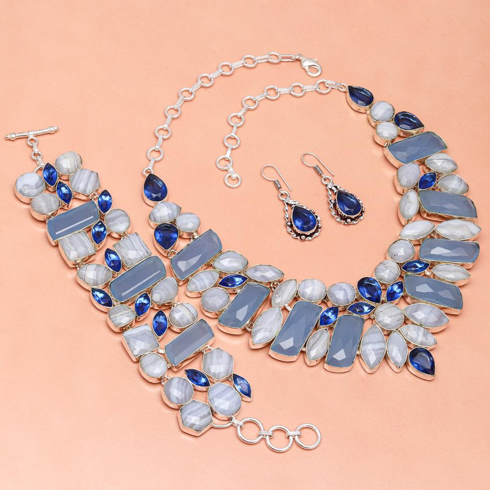 Комплект украшений из граненого синего кружевного агата и швейцарского синего кварца, колье 16-18 дюймов