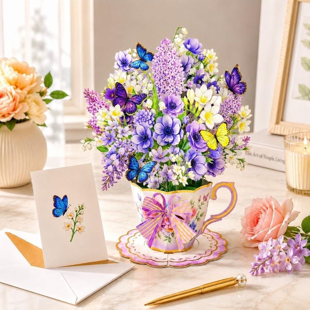 with Envelope & Message Note Pop Up Teacup Card 3D Flower Bouquet Card Pop Up Card Desktop Decor