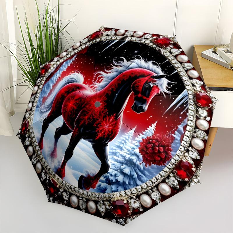 1pc Winter Horse Open/Close Folding Umbrella, All- Portable Umbrella for & Men, Stylish Accessory (Holiday Gift) 8-Rib yy251213156