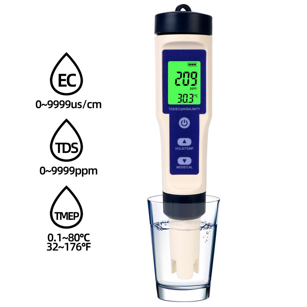 Temperature Hydrogen-rich Meter Purity Measure Tool 5 In 1 PH/TDS/EC/SALT/TEMP Water Quality Detector