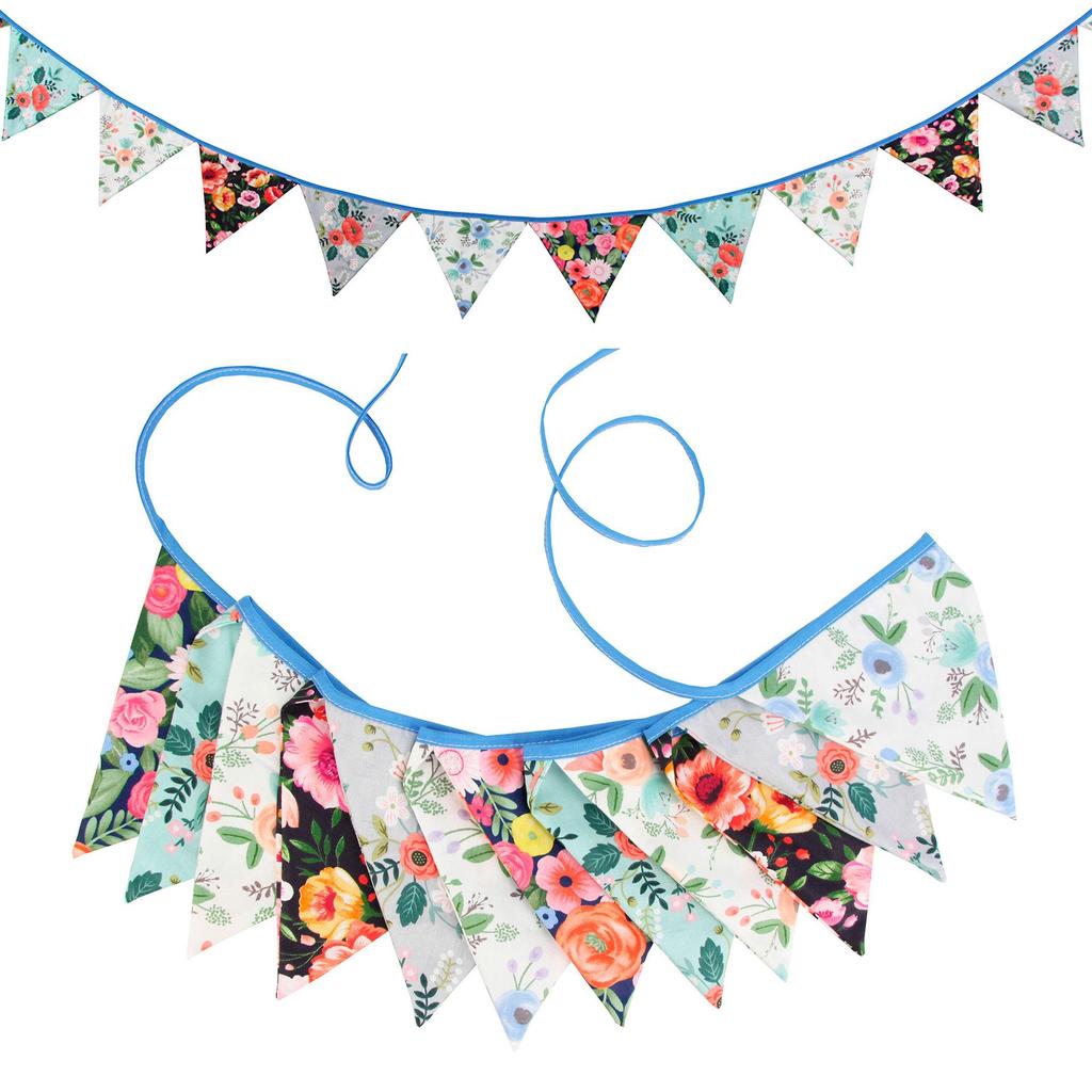 Pink Pastoral Floral Cotton Bunting: Children's Party or Wedding Decoration Hanging Flag