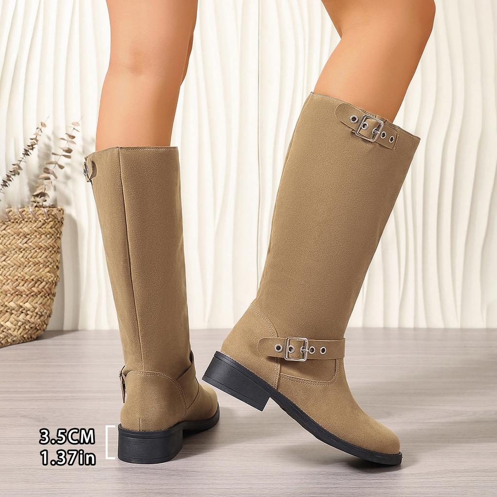 Британский стиль квадратный каблук до середины голени рыцарские сапоги женские сапоги модные прочные пряжки украшения ретро замшевые сапоги Botas Mujer