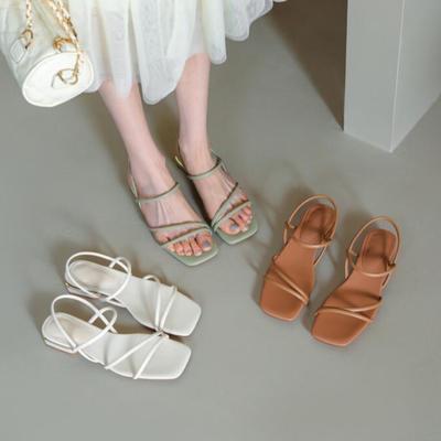 Летние женские сандалии в полоску, сандалии на каблуке с квадратным носком