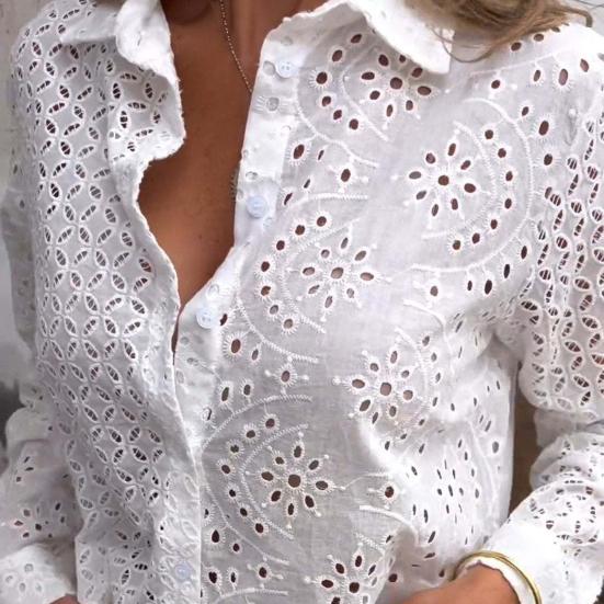 Women Shirt Lapel Long Sleeve Hollow Flower Pattern Shirt Tops Solid Color Loose Fit Single