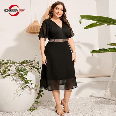 Летнее женское платье с коротким рукавом, черные женские шифоновые платья, платье больших размеров с v-образным вырезом, элегантные вечерние платья