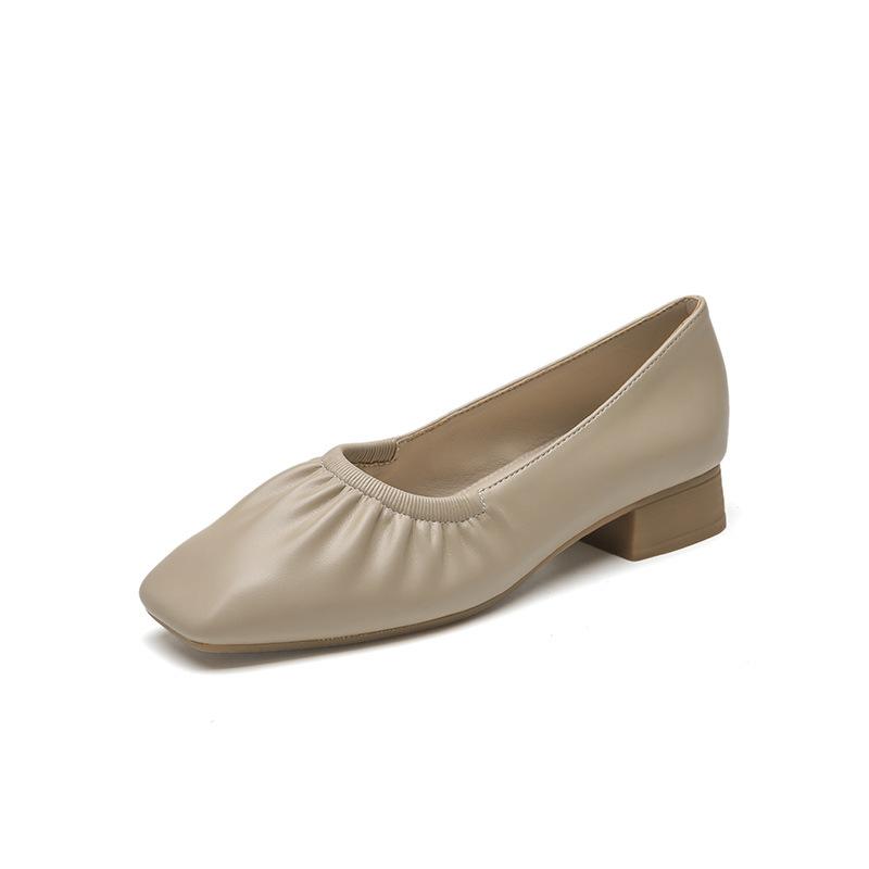 Square Head Thick Heel Single Shoes Women's Spring Retro Women's Shoes Pleated Versatile Shallow Heel Shoes Women's Mary Jane Shoes