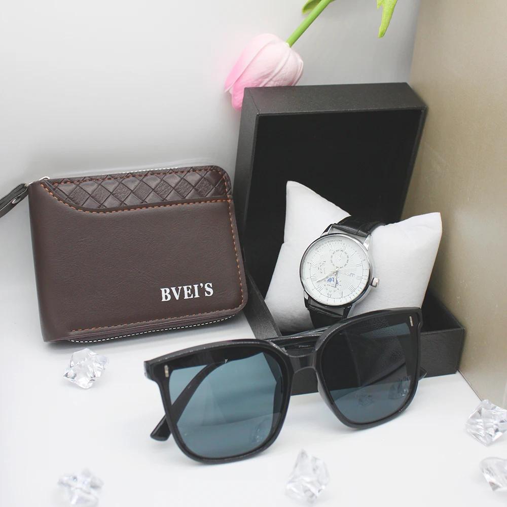 Набор из 3 предметов, роскошные часы для мужчин, солнцезащитные очки, кожаный кошелек, индивидуальные мужские часы для идеального подарка