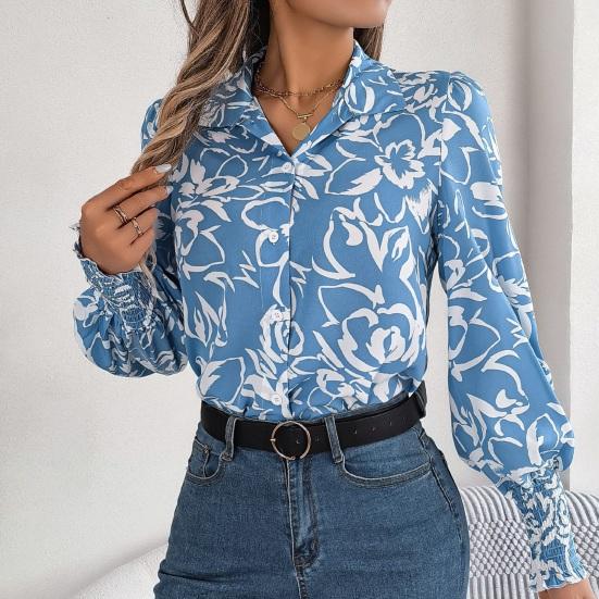 Women Shirt Lapel Lantern Long Sleeve Elastic Cuffs Casual Tops Single Breasted Flower