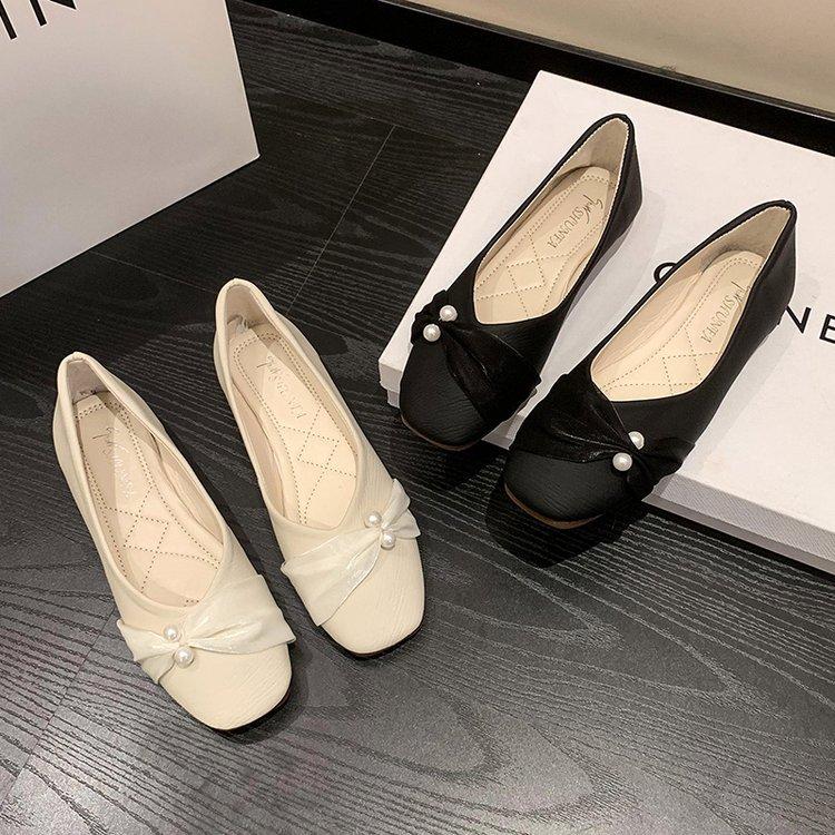Fairy Gentle Wind Mesh Pearl 2025 Autumn New Thick Medium Heel Square Head Versatile Round Head Cowhide Shallow Mouth Single Shoes