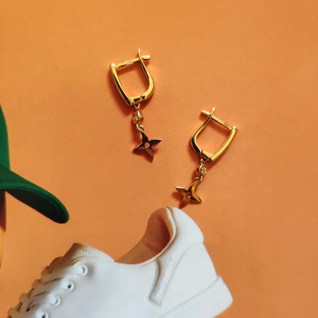 Золотые серьги подвесками с английским замком 585 пробы желтого европейского золота с белыми фианитами 0.4ct (210194903)