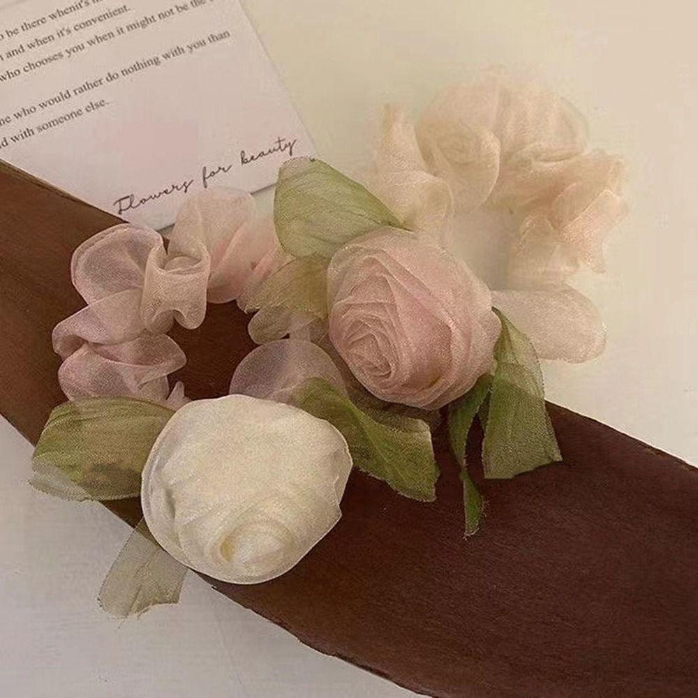 Simple Korean Style Hair Rope Ponytail Holder Rose Flower Hair Scrunchies Women Hair Ring