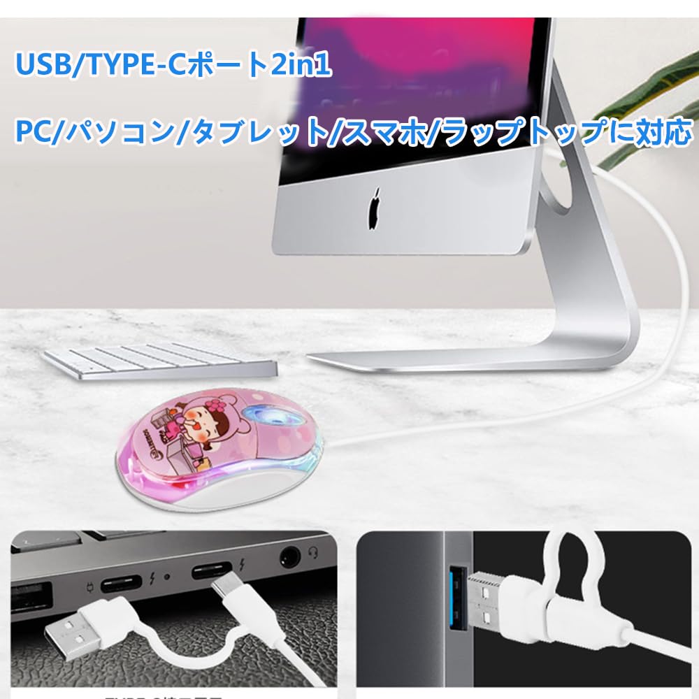 Wired Mouse and 2 Connections USB Wired Mouse 1000DPI Optical Mobile Cute Lightweight Symmetrical Compatible with USB-A USB-C Type-C