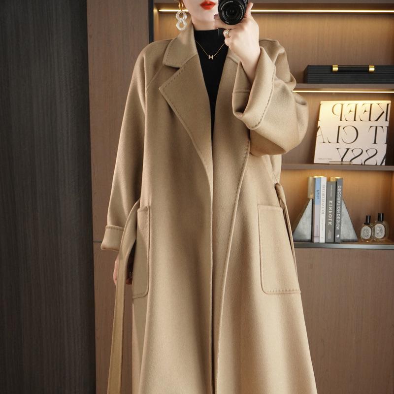 Женское очень длинное двустороннее пальто из 100% шерсти с поясом для осени и зимы