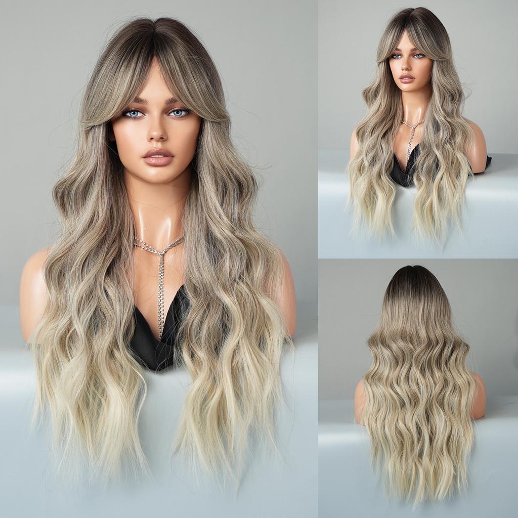 Synthetic Hair Ombre Blonde Wigs Long Wavy Middle Part Wig