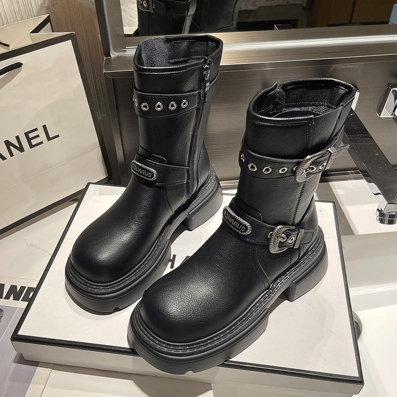 Belt buckle tooling boots Western cowboy boots Coarse heel short boots Women's 2025 new autumn and winter thin boots Medium boots