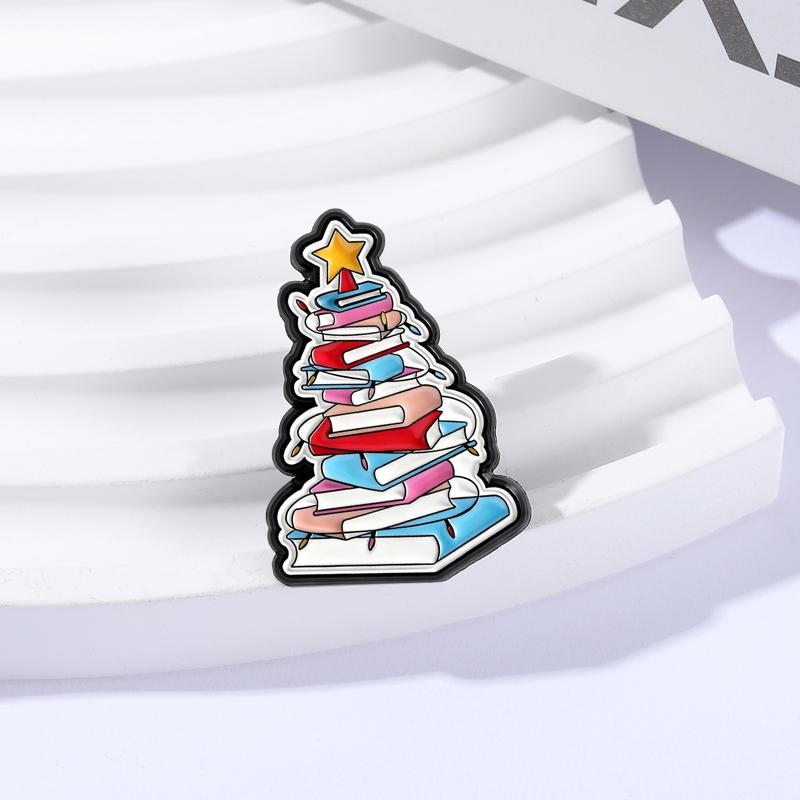 Christmas Books Tree Enamel Pins Bookworm Brooches Lapel Badges Cartoon Bookish Reading Jewelry Gift for Reader Friends