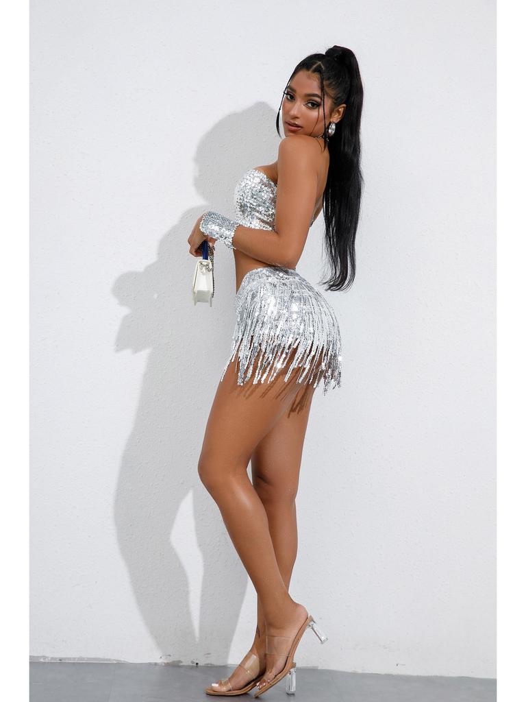 Sequined Tassel Skirt for Latin Dance & Stage Performance - Women's DS Costume with Shorts