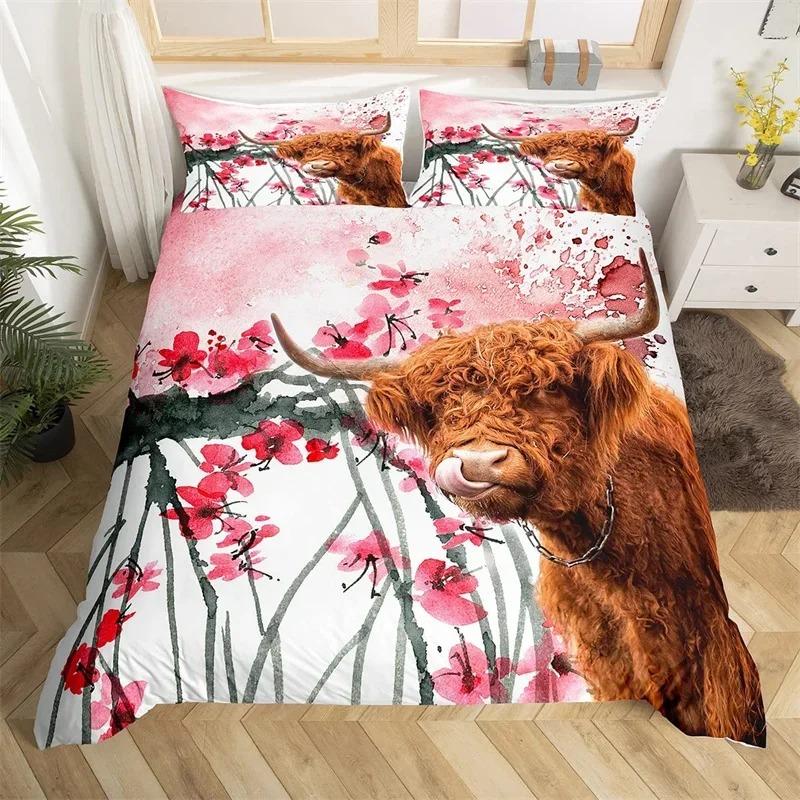 Пододеяльник с изображением коровы Хайленд, King Queen, вестерн, фермерское животное, комплект постельного белья из микрофибры с изображением быка и крупного рогатого скота с цветочным рисунком для детей и подростков
