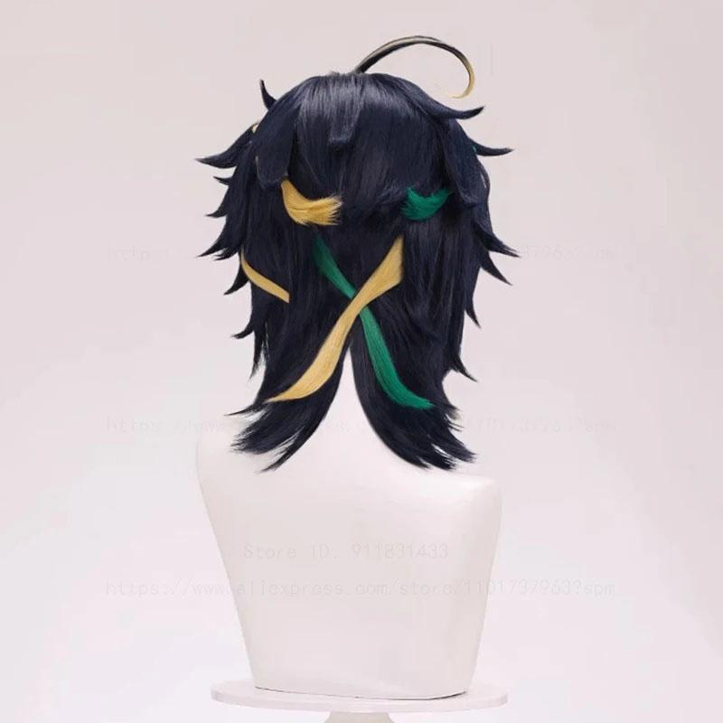 Высококачественный парик для косплея Genshin Kinich, короткий, темно-синий, светло-зеленый, термостойкий, синтетический, парики для игры Wanderer + шапочка для парика