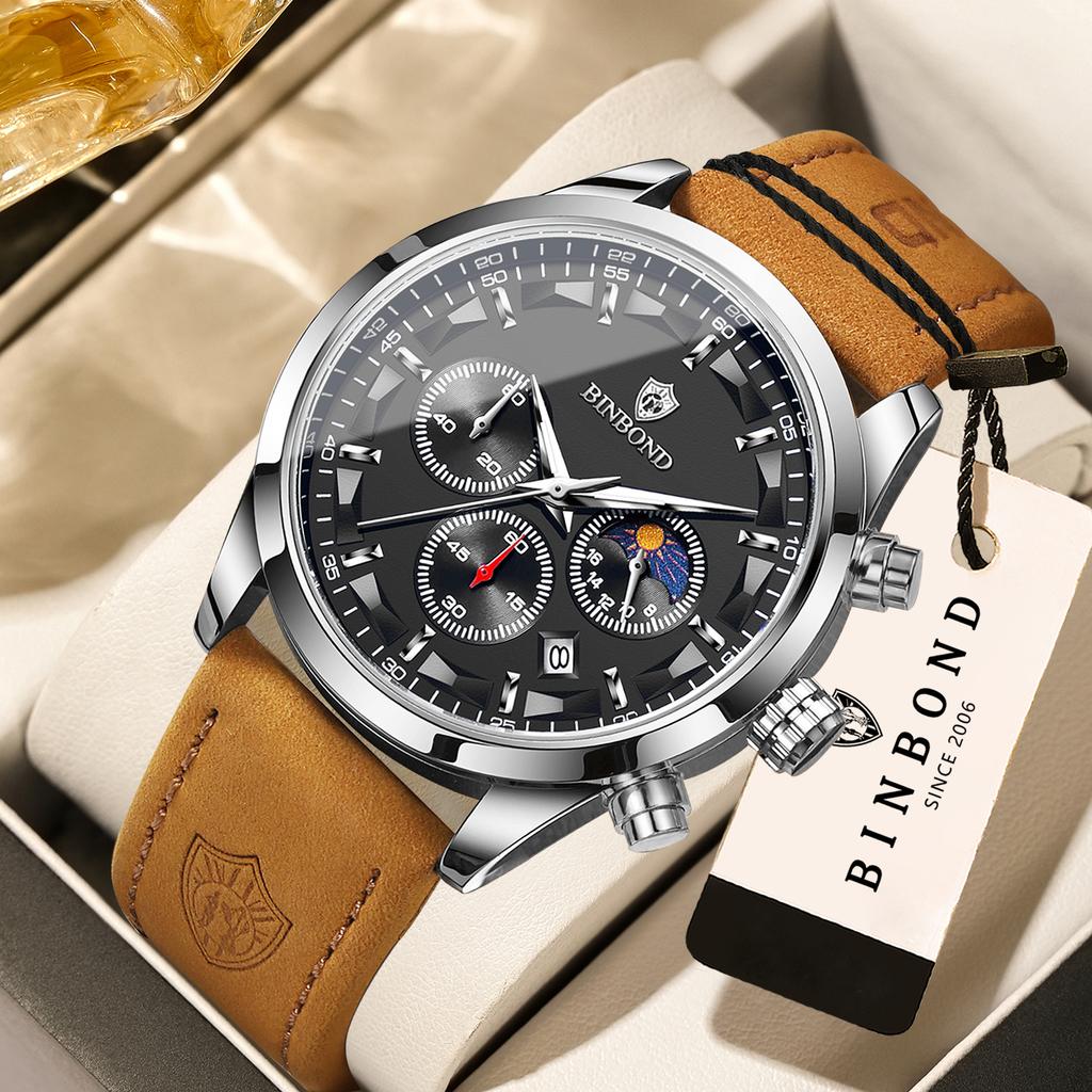 BINBOND Luminous Waterproof Chronograph Auto Date Men's Watch Casual Reloj Accurate Sturdy Luxury Quartz Wristwatches For Men