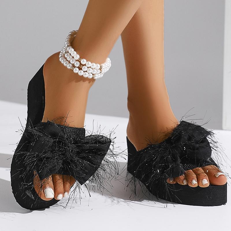 Fashion Women's New Bow Knot Round Toe Slippers Fashion Thick Bottom Wedge Slides Female Vacation Beach Comfort Black Slippers Mujer
