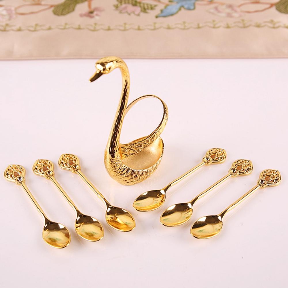 Stainless Steel Swan Spoon Set Creative Swan Base Holder With 6 Spoons Coffee Spoon Ice Cream Spoon Dessert Spoon Set