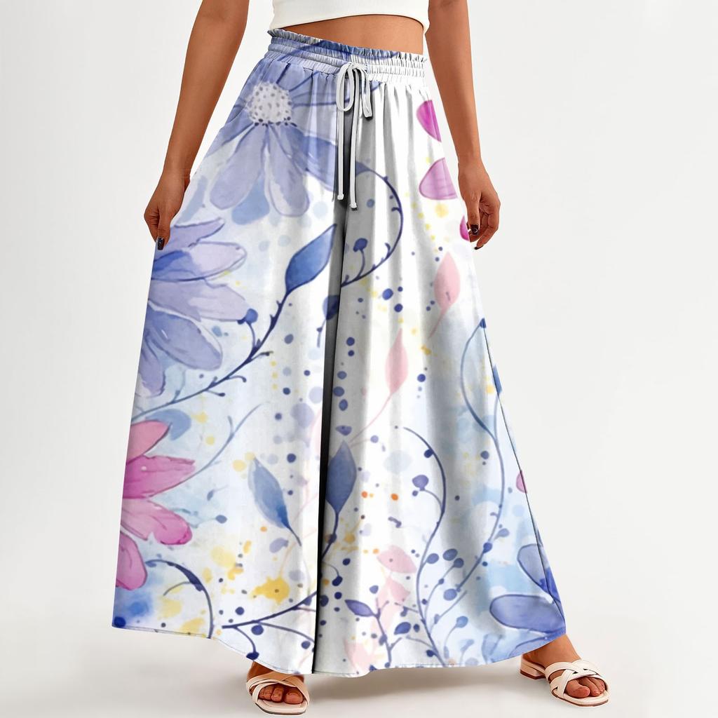 Женские широкие брюки с высокой талией, летние повседневные струящиеся брюки-палаццо, пляжные брюки с цветочным принтом и карманом