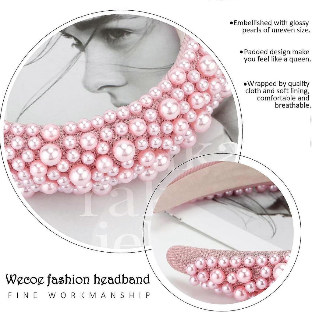 Pink Pearl and Beaded Padded Headband Fancy Puffy Hair Accessory Gift for Women and Girls