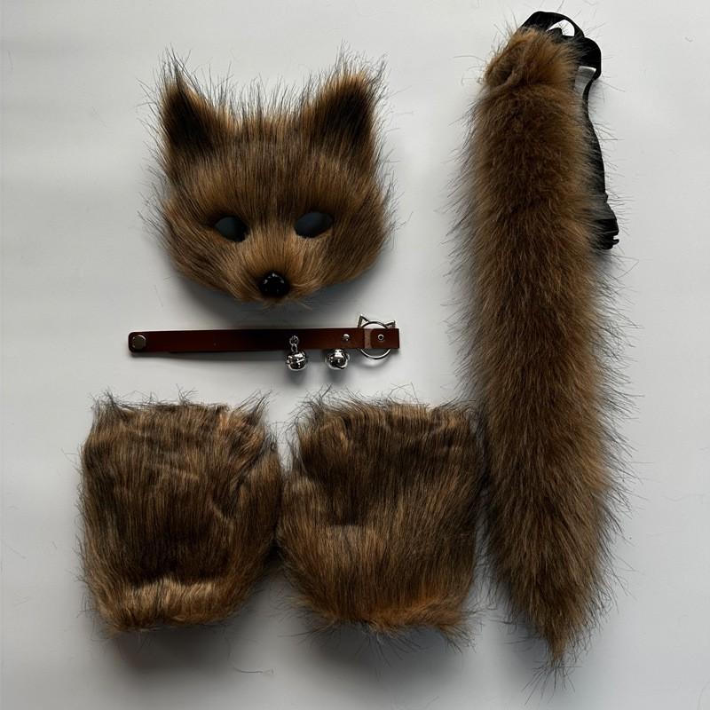 Halloween Costume Set Fox Mask Gloves Plush Tail Handmade Animal Cosplay Accessory Party