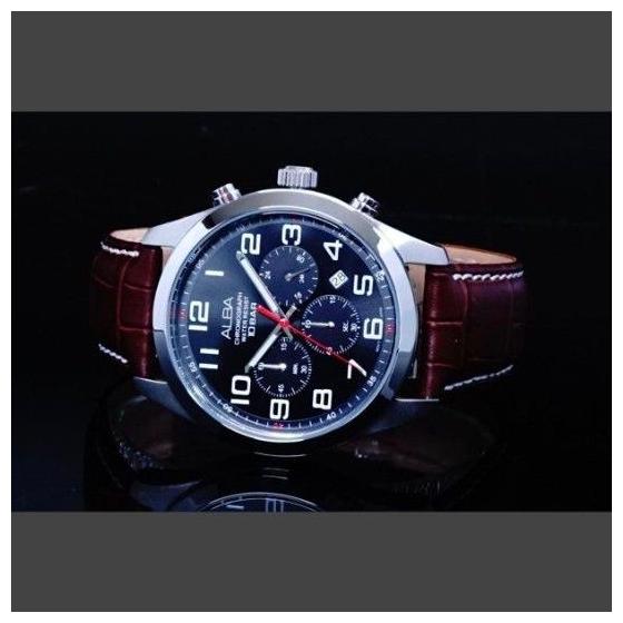 Б/у мужские часы Seiko ALBA хронограф, модель для зарубежного рынка, 10 Бар, коричневый кожаный ремешок, черный