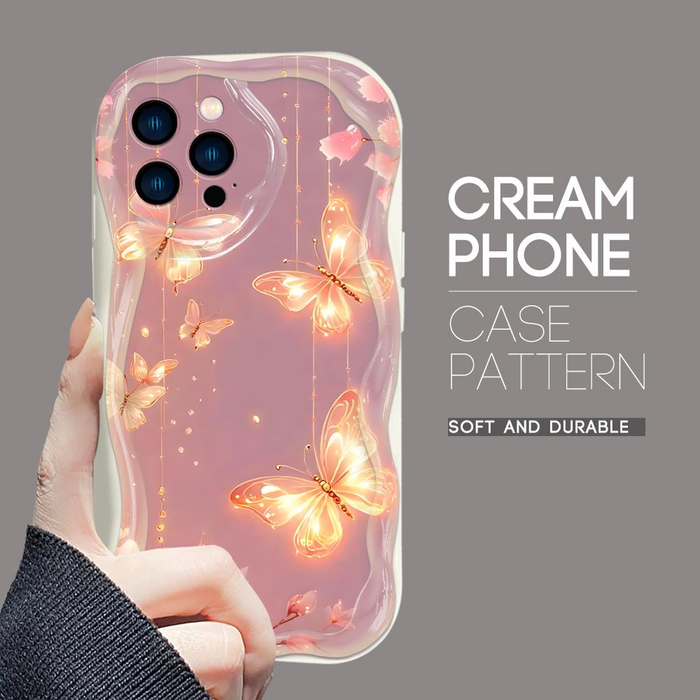 Для iPhone 16 15 14 13 12 Pro Max Samsung S24 Ultra S23 S22 Plus Redmi Note 13 Pro чехол с рисунком в виде цветов и бабочек и мягким волнистым краем