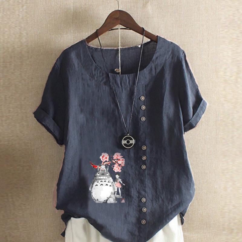 Женская мода, футболка с коротким рукавом и круглым вырезом, повседневная хлопково-льняная рубашка с рисунком, свободная летняя блузка с героями мультфильмов для отдыха, топы