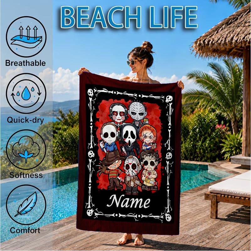 Custom Name Horror Characters Microfiber Beach Towel, Quick-Dry, for Summer Travel, Beach Essential, Picnic Essentials, Swimming Pool