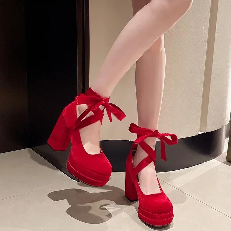 Fashion High Heel Round Head Leggings Lace Up Women's High Heel Shoes 2024 Hot Selling High Quality Fashion Elegant Women's Shoes