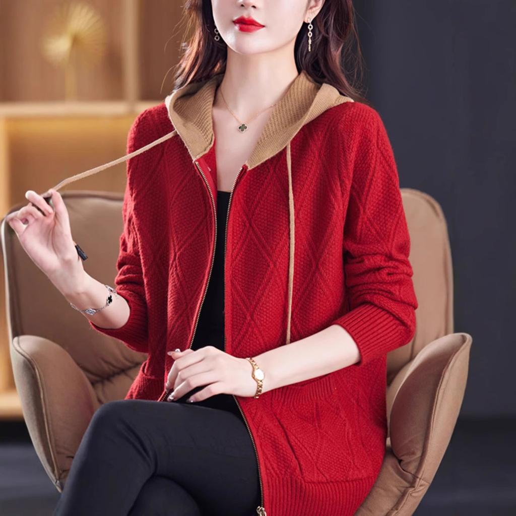 Spring and Autumn Women's Cardigans Sweaters Zippered Tops Stylish Hooded Sweater Jackets