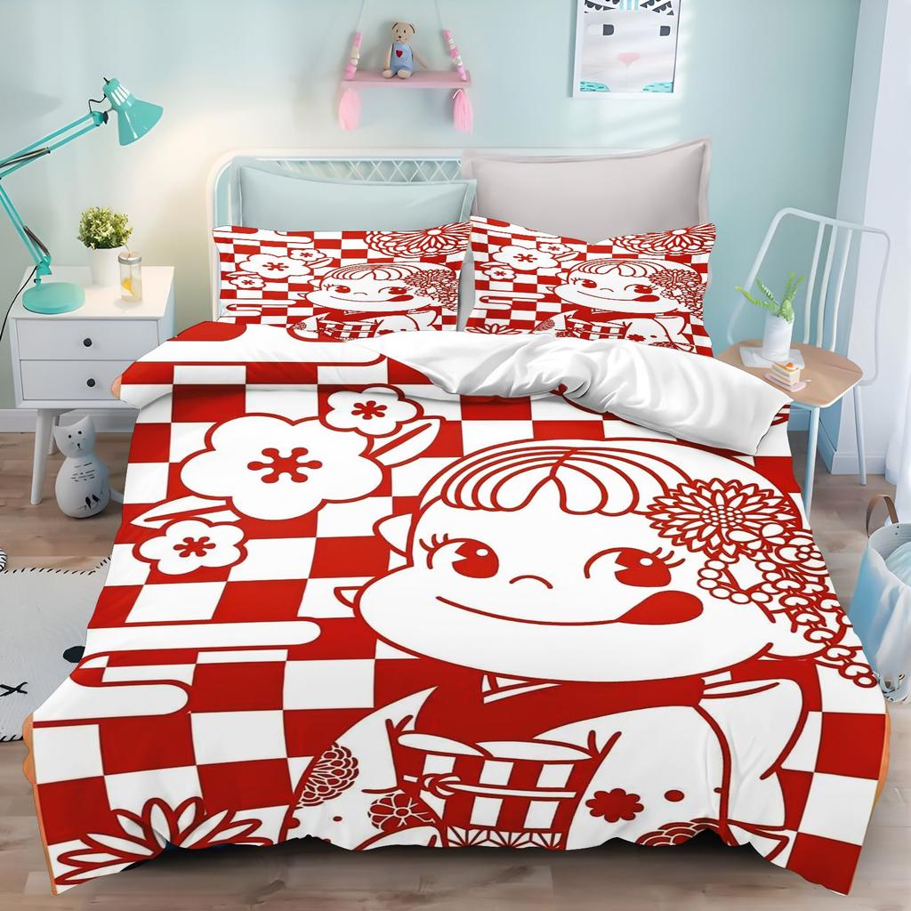 Fujiya Peko Chan 3D Print Bedding Set, Cute Japanese Cartoon Duvet Cover with Pillowcases, Kids Girls Bedroom Decor Bedding