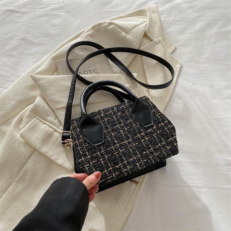 Trendy Fashionable Small Square Shoulder Bag In Black White And Plaid For Everyday Use