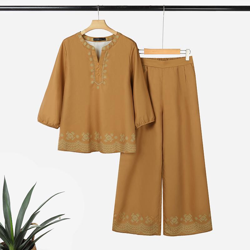 ZANZEA Женский повседневный комплект из двух частей: блузка с длинным рукавом и брюки с принтом