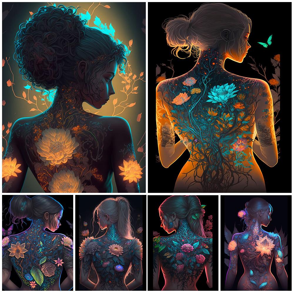 Абстрактная татуировка цветок сексуальная девушка плакат настенное искусство холст живопись плакат