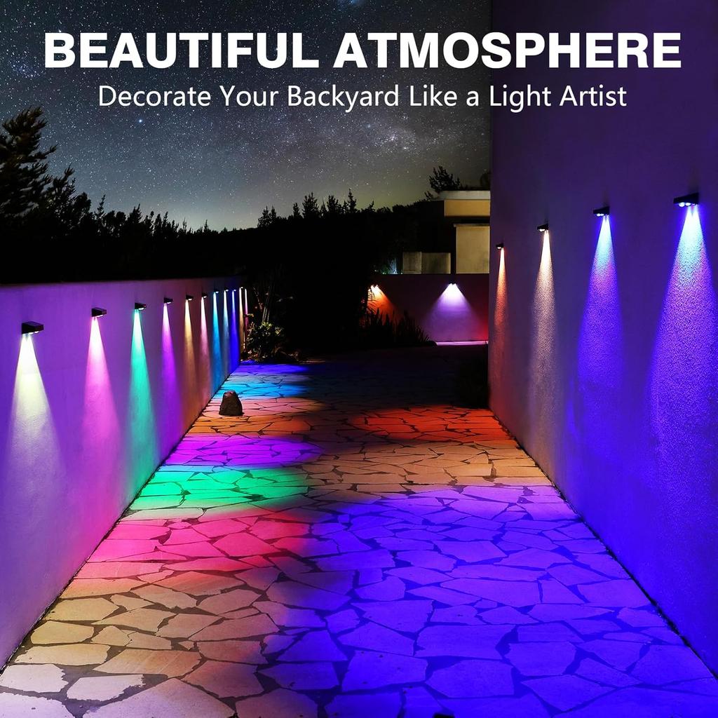 Solar Fence Lights Outdoor,9 Colors RGB Solar Lights for Fence Color Changing Deck Lights for Outside 11 Lighting Modes Waterproof Solar Wall Light